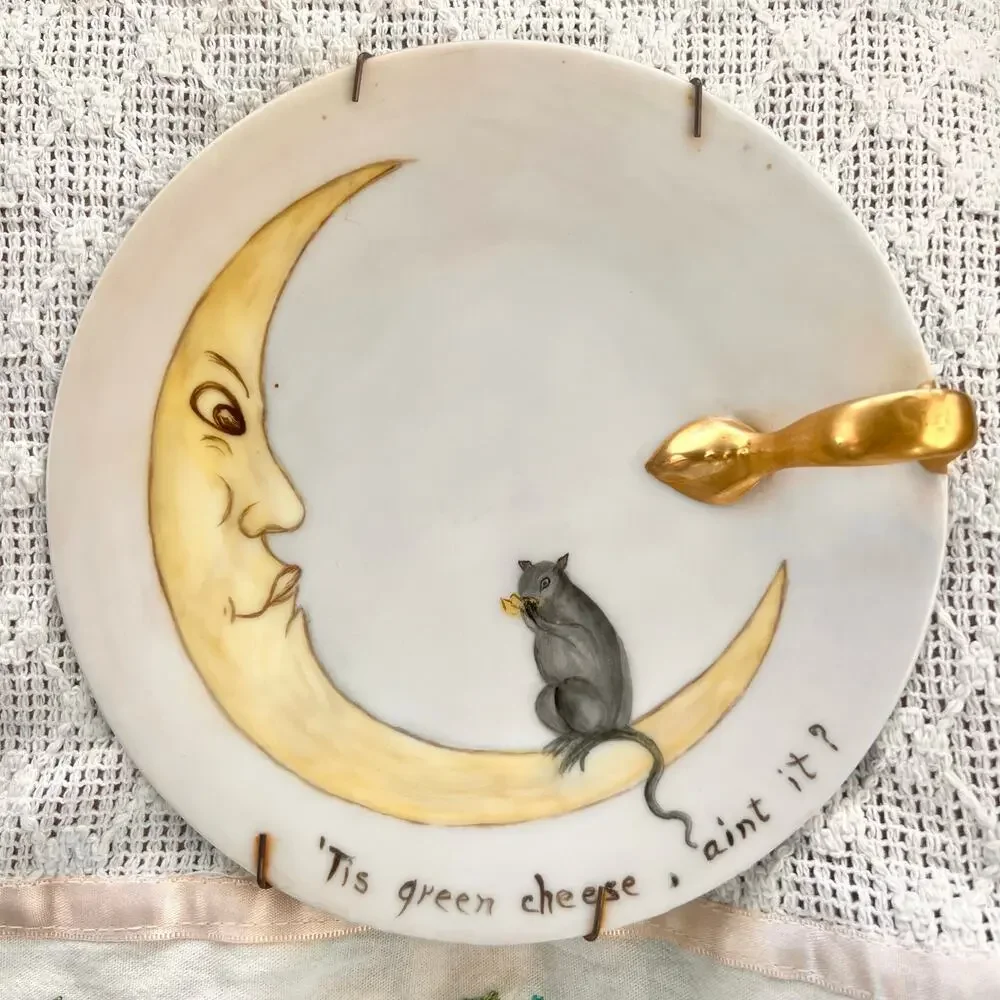 Vintage MCM Royal Bavaria Man in Moon Plate Porcelain Wall Hanging Cheese Quote